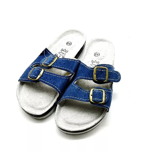 Ladies summer bio sandals slip on with double buckle in blue