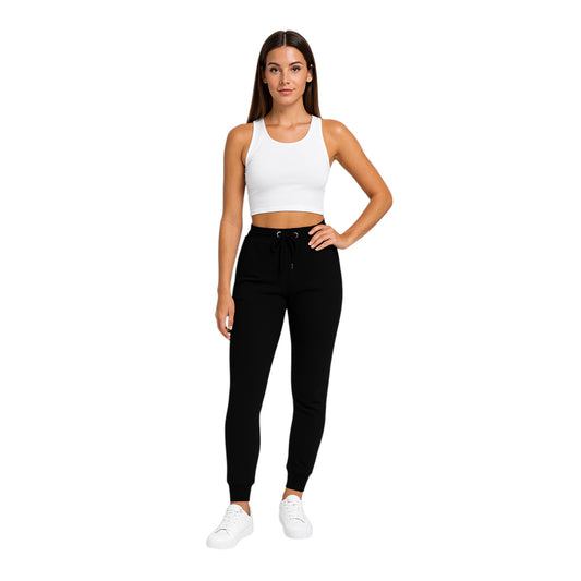 Women’s black high-waisted joggers with drawstring waist and cuffed ankles – soft loungewear trousers