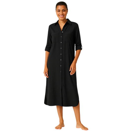 Women's Black long shirt dress with button front, rolled sleeves, and collared neckline – casual midi dress for everyday wear.