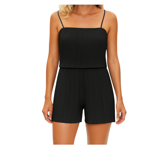 Women's black ribbed strappy playsuit with pleated texture – casual summer must have