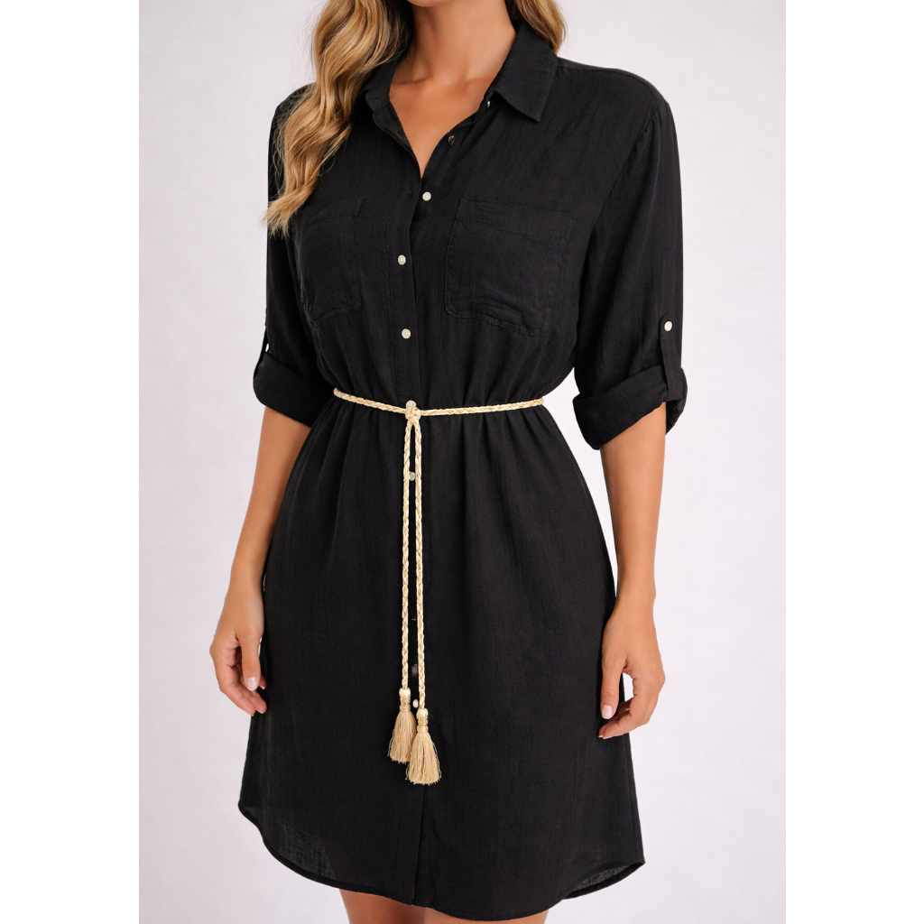 Black shirt dress with belt, women's casual button-down mini dress with rolled sleeves