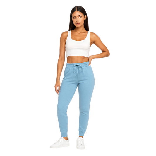 Women’s blue high-waisted joggers with drawstring waist and cuffed ankles – soft loungewear trousers