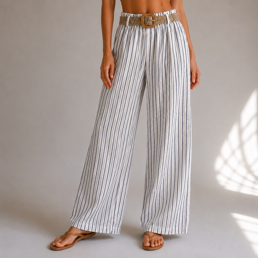 Ladies blue and white Italian stripe wide leg trousers with woven belt on female model, linen mix summer trousers UK 10-18.