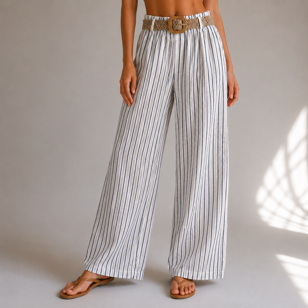 Ladies Blue & White Italian Stripe Wide Leg Trousers with Woven Belt