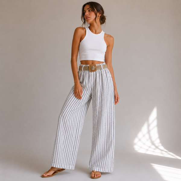 Ladies Blue & White Italian Stripe Wide Leg Trousers with Woven Belt