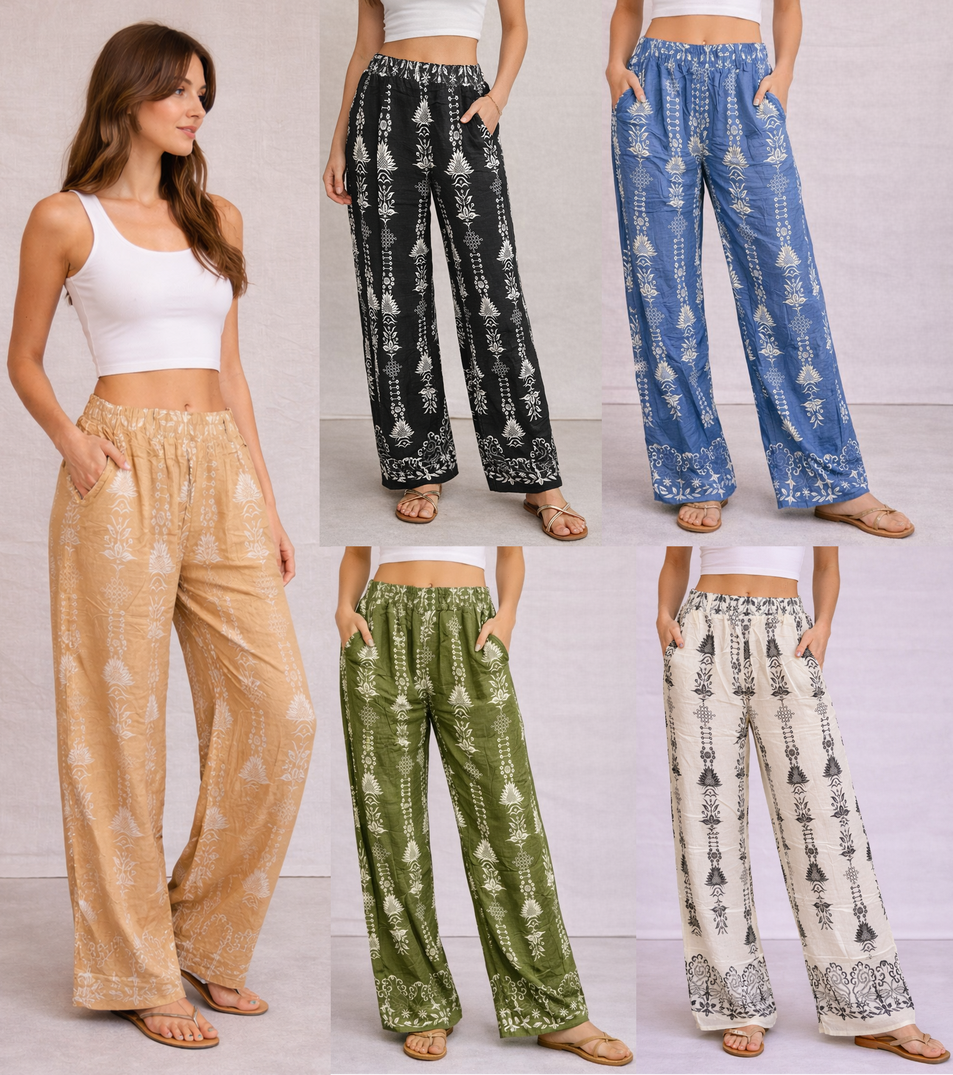 Ladies boho print linen mix wide leg trousers lightweight summer trousers with pockets
