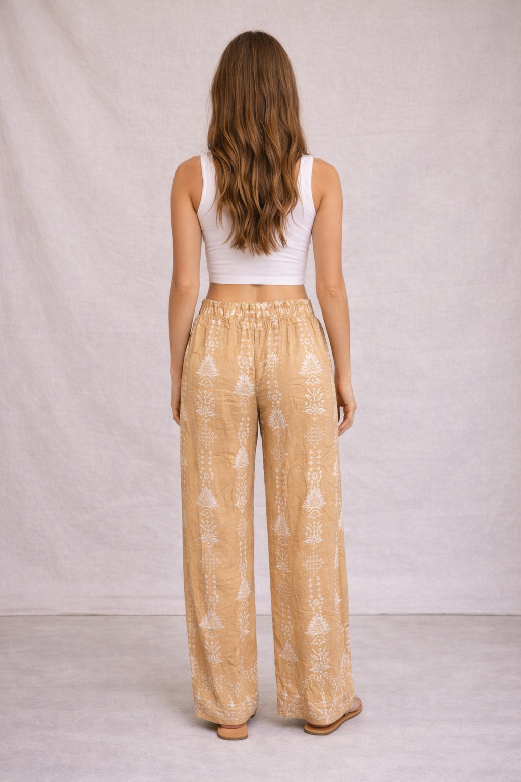 Ladies beige boho print wide leg trousers lightweight summer trousers with pockets
