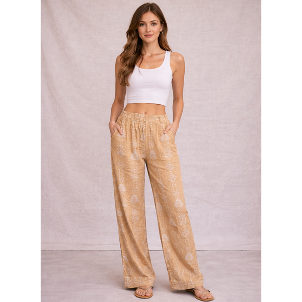 Ladies Boho Print Wide Leg Linen Trousers