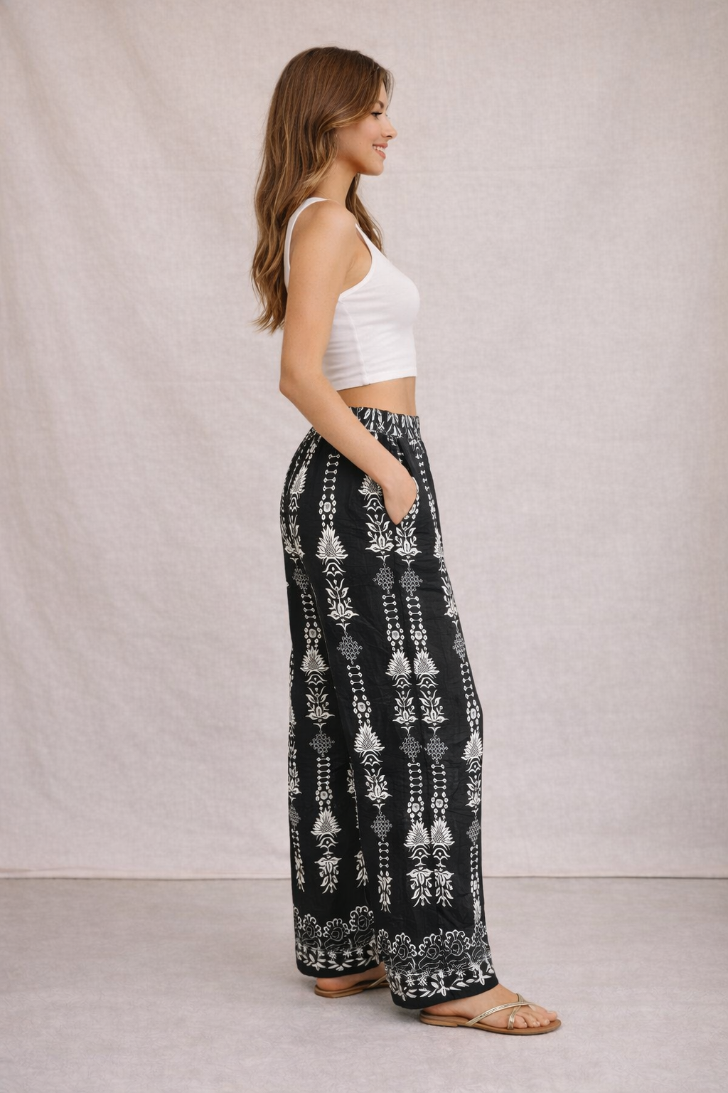 Ladies black boho print linen mix wide leg trousers relaxed fit summer trousers