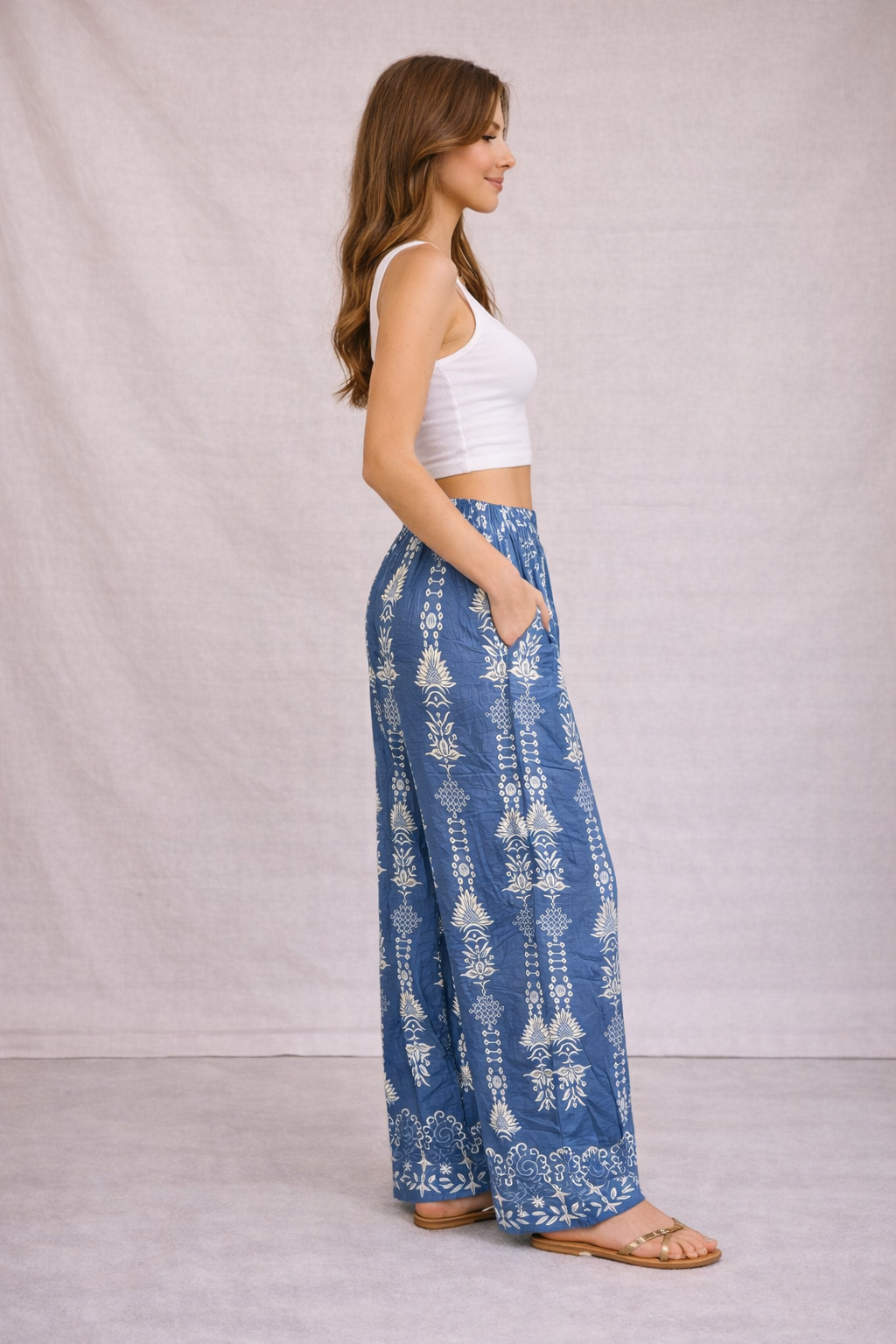 Ladies blue boho print linen mix wide leg trousers lightweight summer trousers