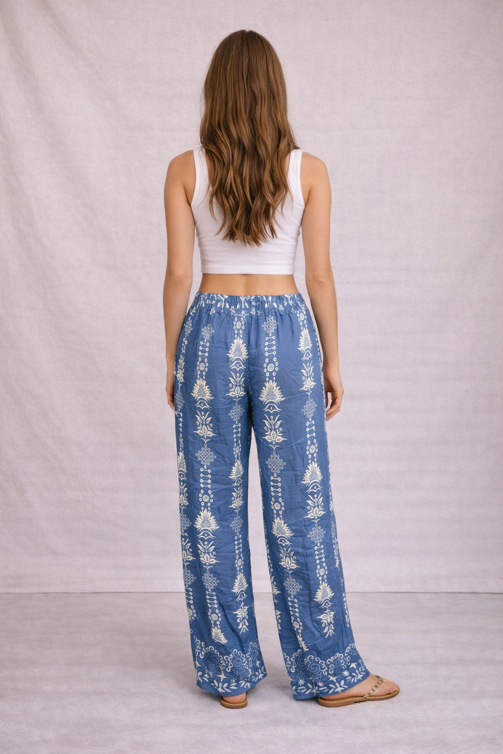 Ladies blue boho print linen mix wide leg trousers lightweight summer trousers