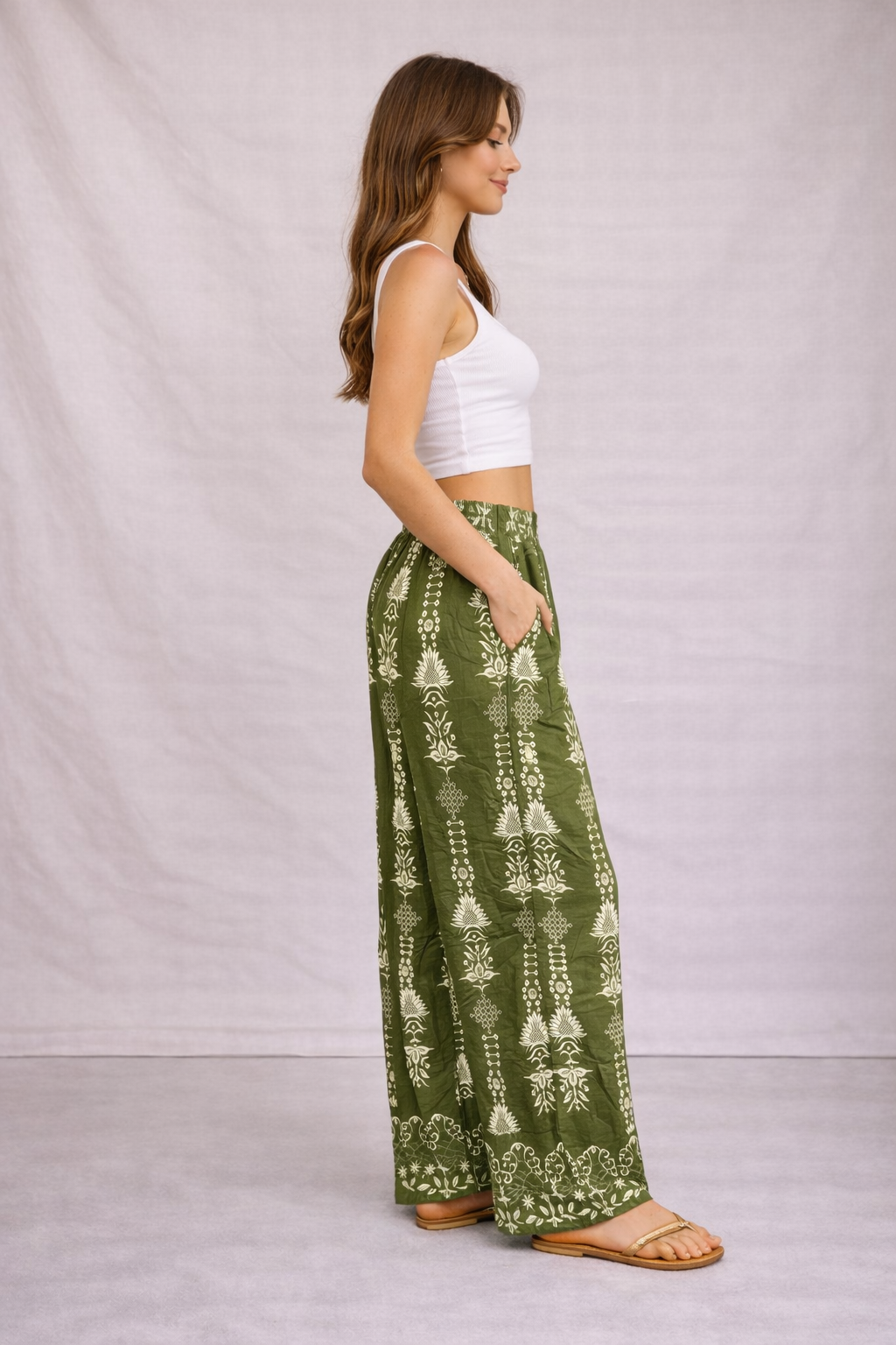 Ladies green boho print linen mix wide leg trousers elasticated waist summer trousers