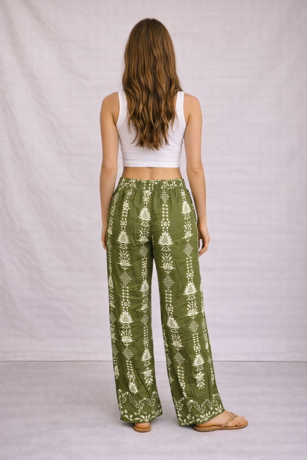 Ladies green boho print linen mix wide leg trousers elasticated waist summer trousers