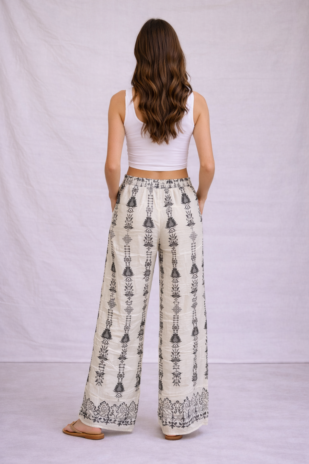 Ladies cream boho print linen mix wide leg trousers relaxed fit summer trousers