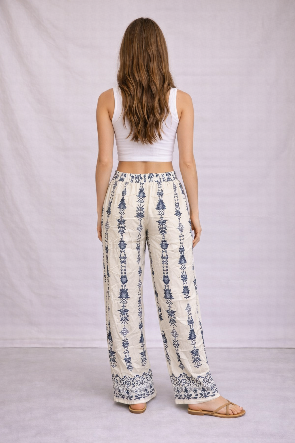 Ladies cream boho print linen mix wide leg trousers relaxed fit summer trousers