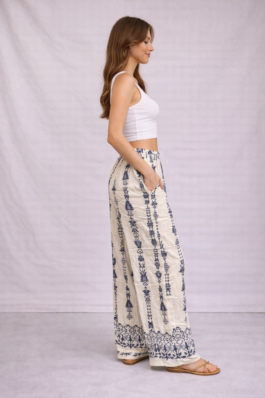 Ladies cream boho print linen mix wide leg trousers relaxed fit summer trousers