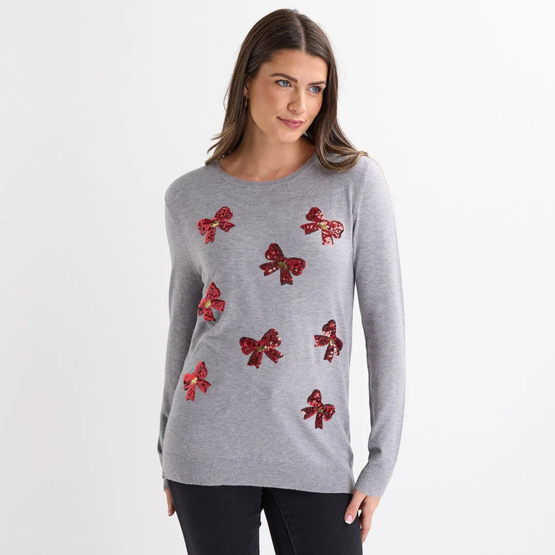 Ladies light grey jumper decorated with red sequin bow motifs, long sleeve Christmas Xmas Sweater