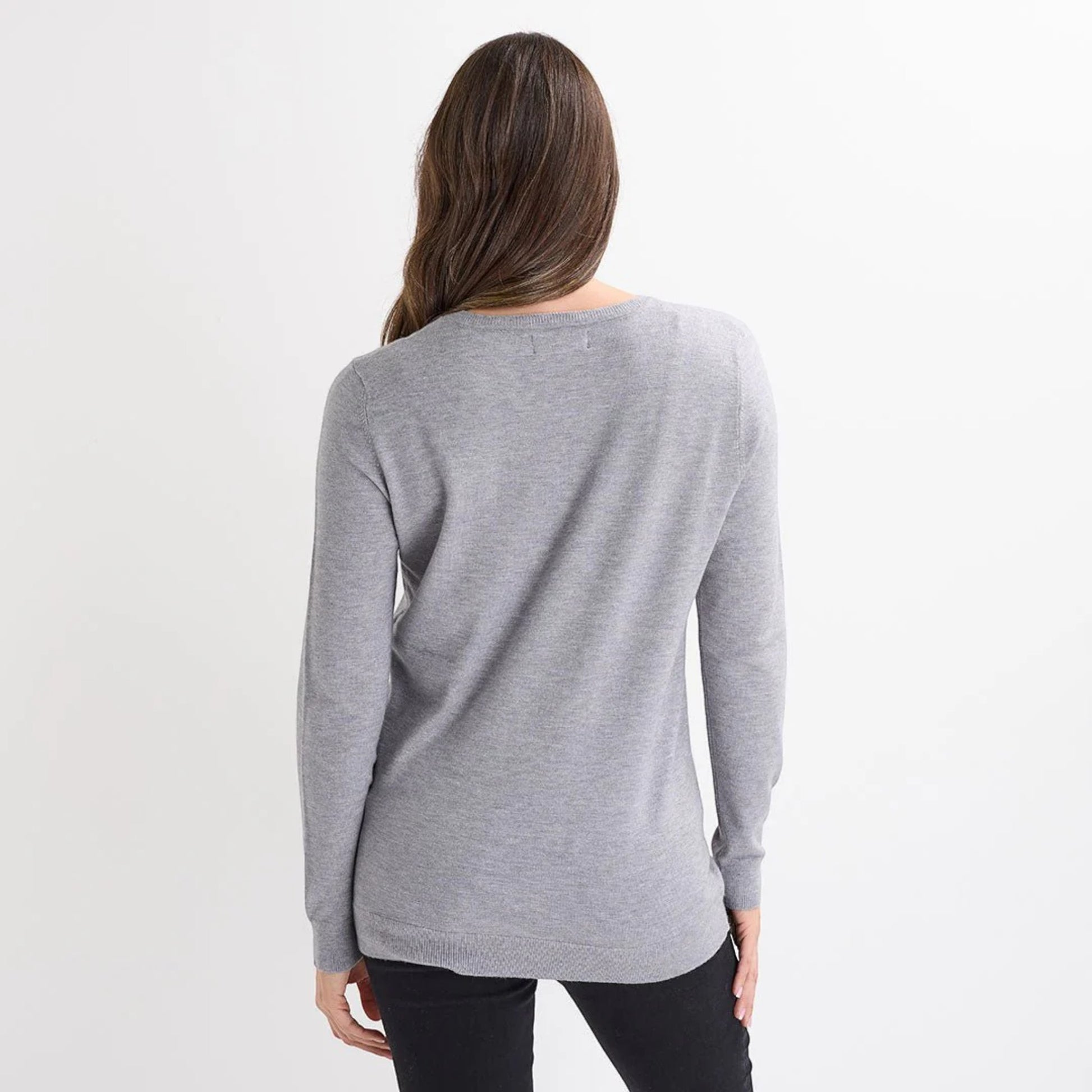 Ladies light grey jumper decorated with red sequin bow motifs, long sleeve Christmas Xmas Sweater