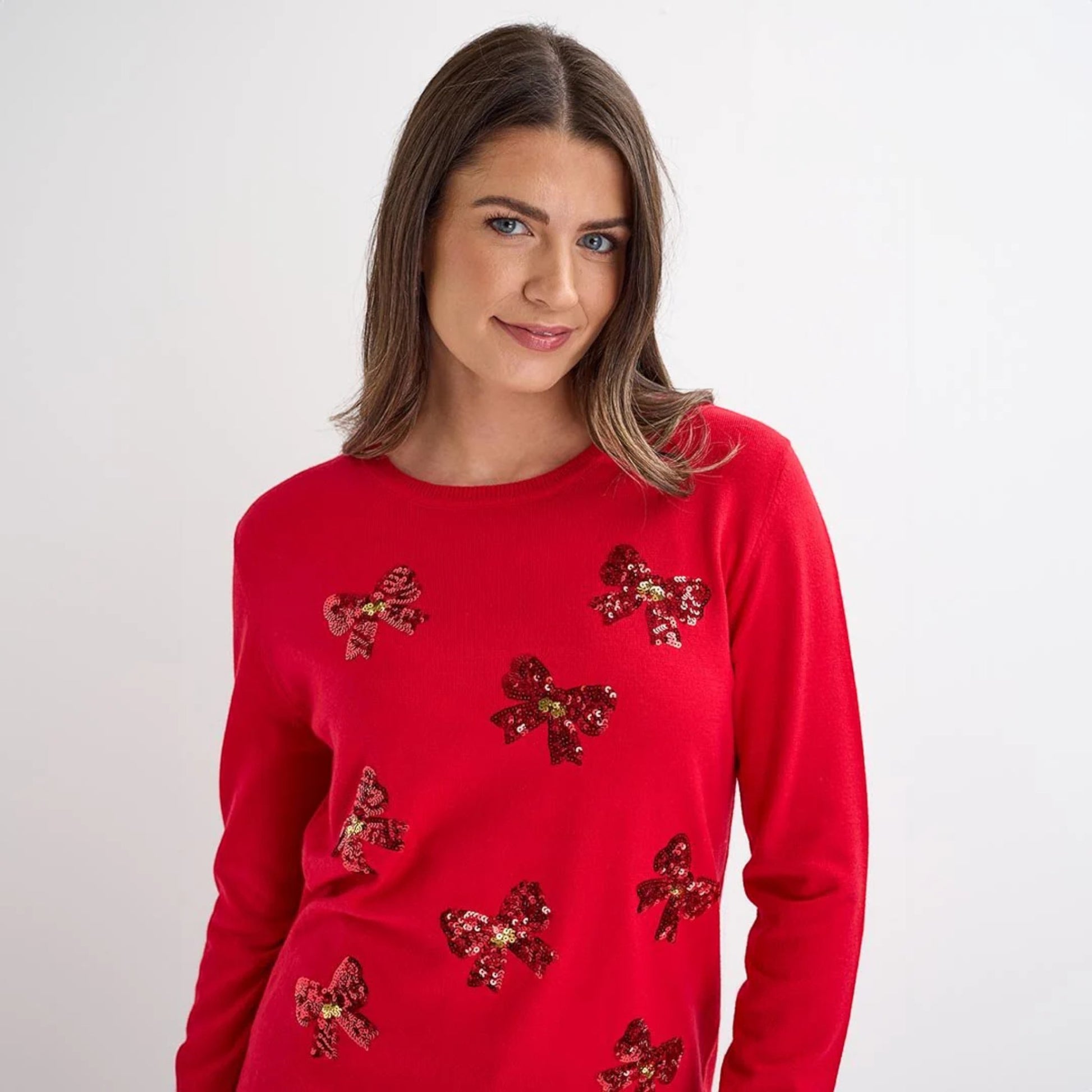 Ladies red jumper decorated with red sequin bow motifs, long sleeve Christmas Xmas Sweater