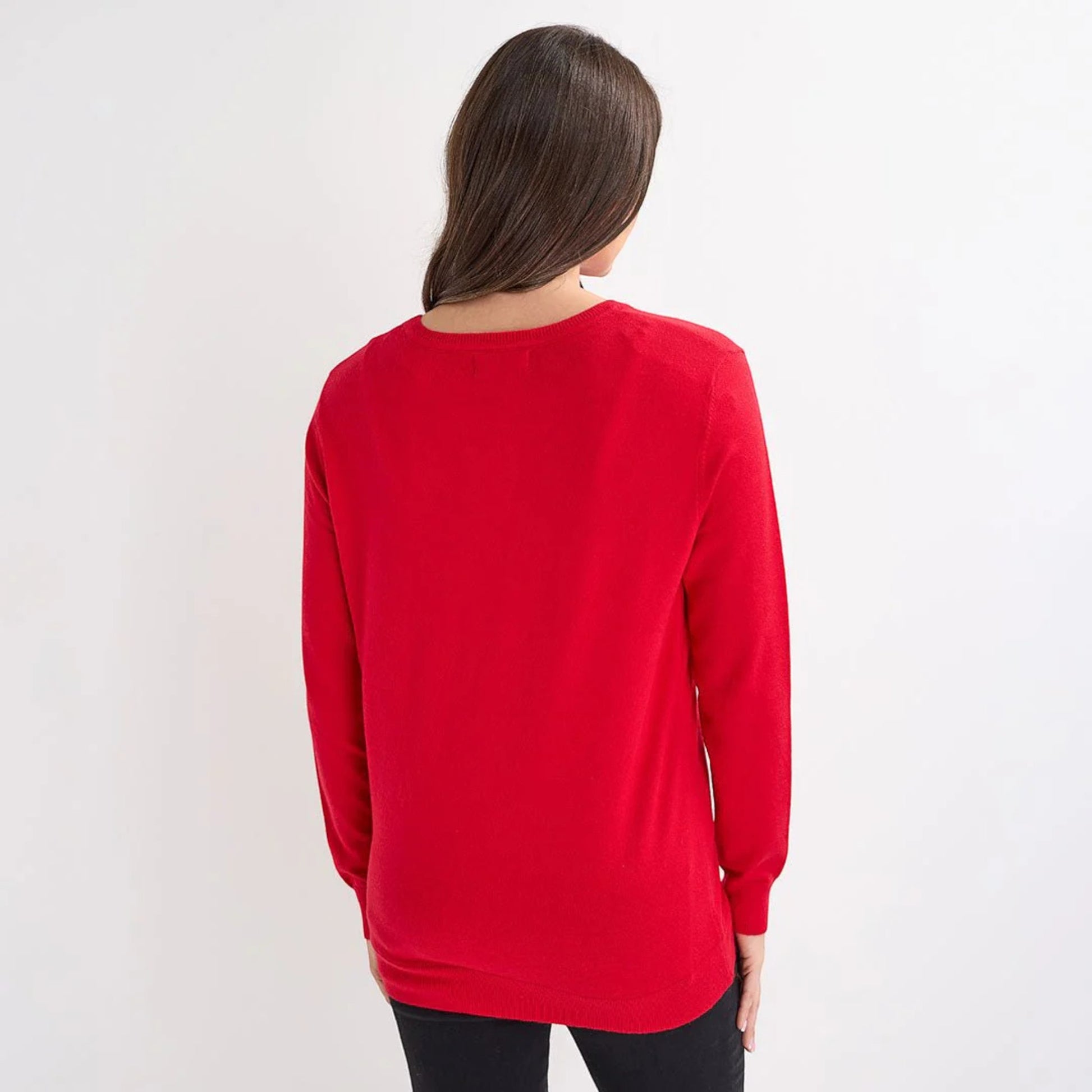 Ladies red jumper decorated with red sequin bow motifs, long sleeve Christmas Xmas Sweater