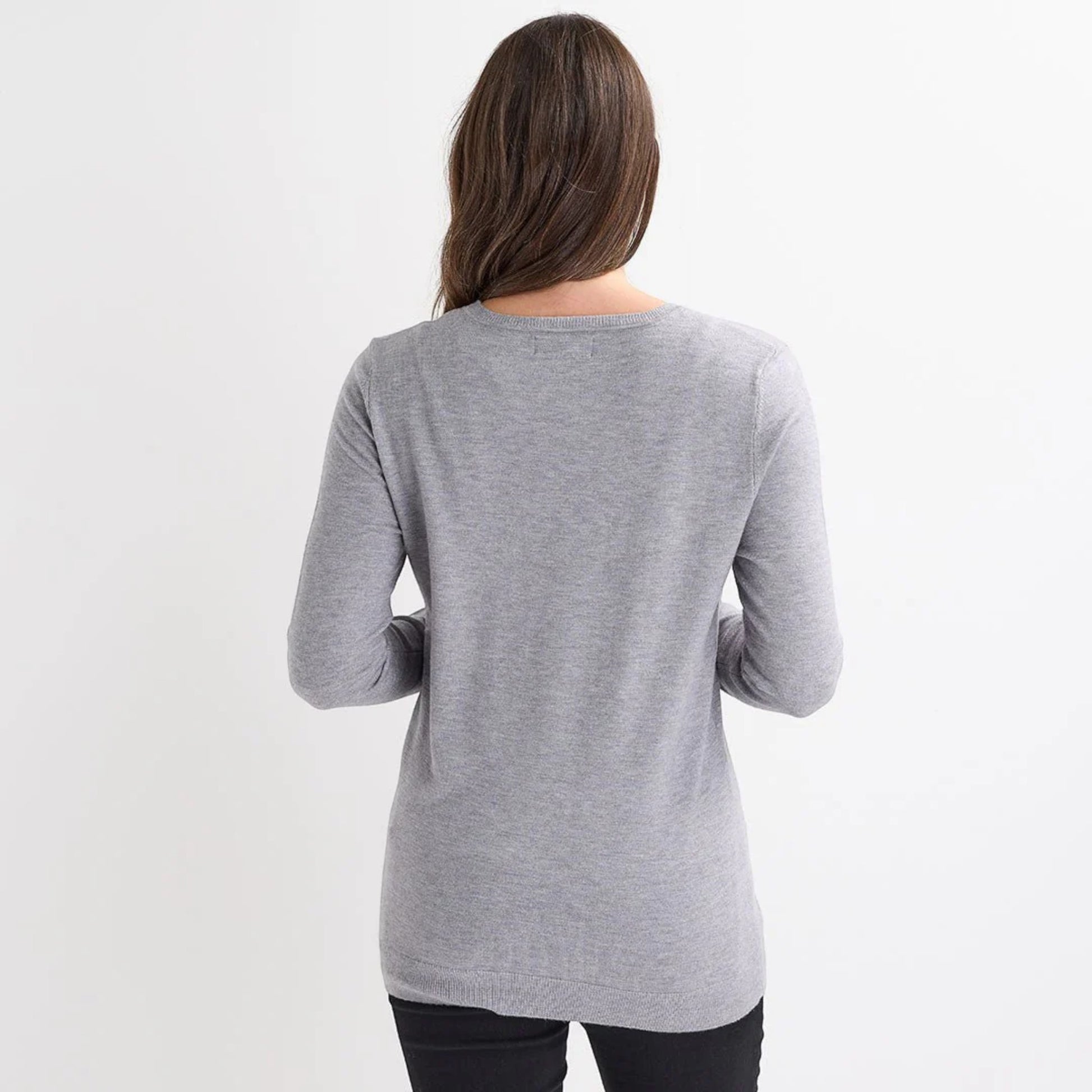 Ladies grey Christmas jumper with sequin star, bow and bauble design, long sleeves and a festive look.