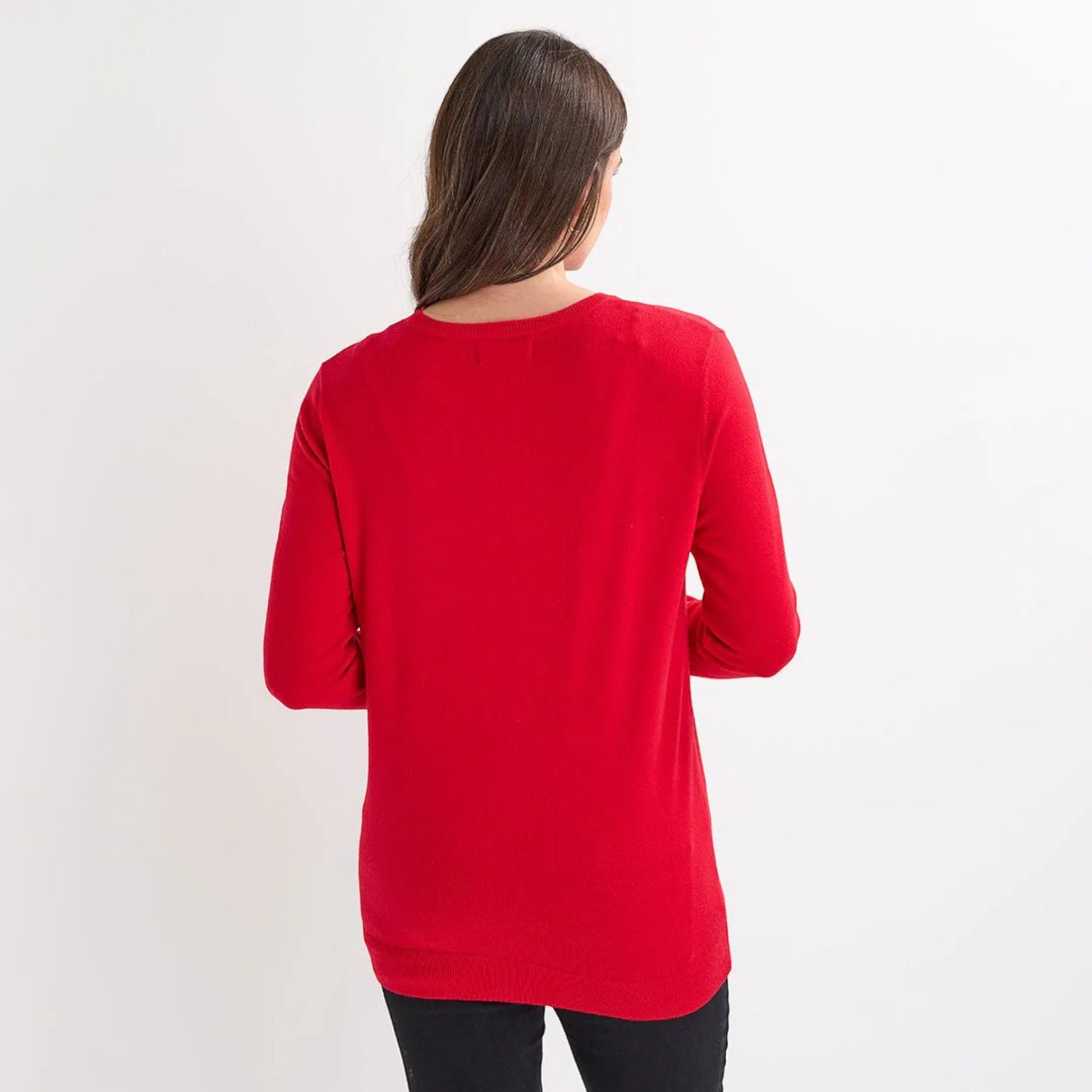 Ladies red Christmas jumper with sequin star, bow and bauble design, long sleeves and a festive look.