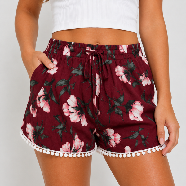 Ladies Burgundy Blossom Floral Pom Pom Trim Shorts