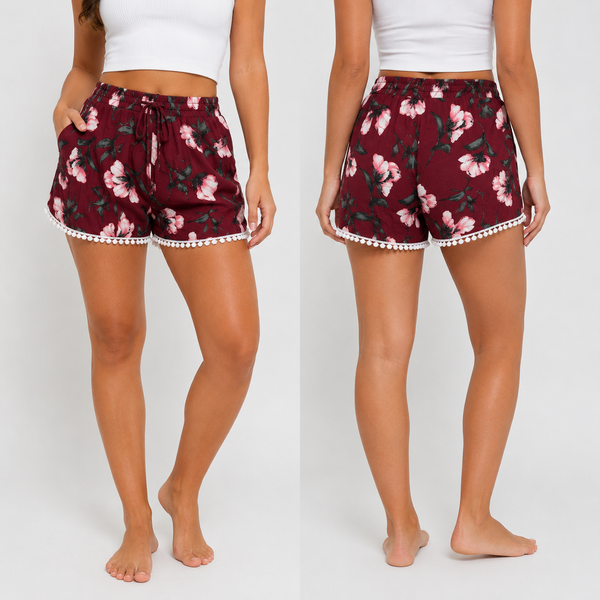 Ladies Burgundy Blossom Floral Pom Pom Trim Shorts