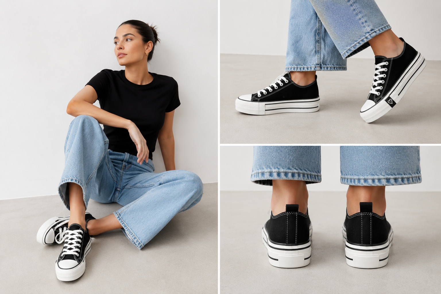 Black canvas platform trainers with white laces, white rubber toe caps and chunky white soles featuring black stripe detailing.