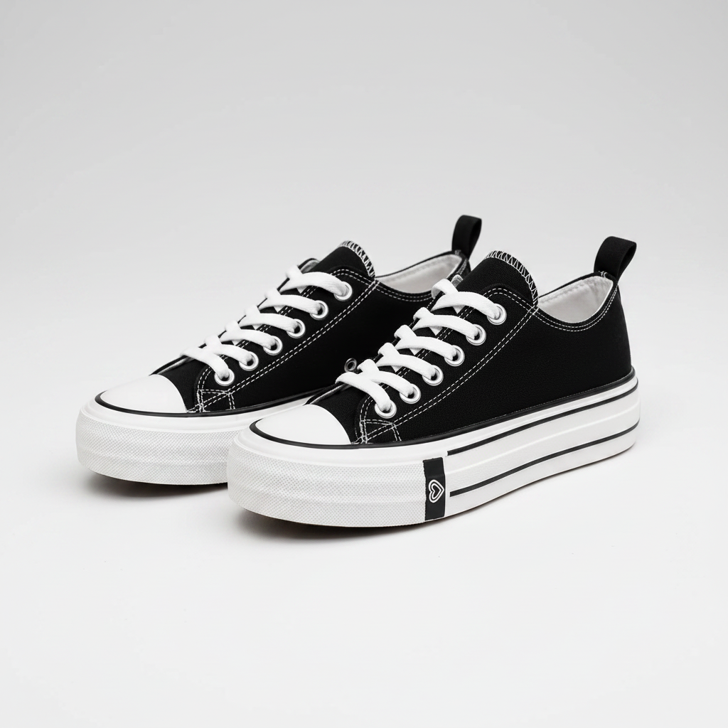 Black canvas platform trainers with white laces, white rubber toe caps and chunky white soles featuring black stripe detailing.