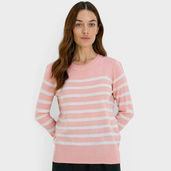 Ladies Casual Striped Knit Jumper - Pink & White