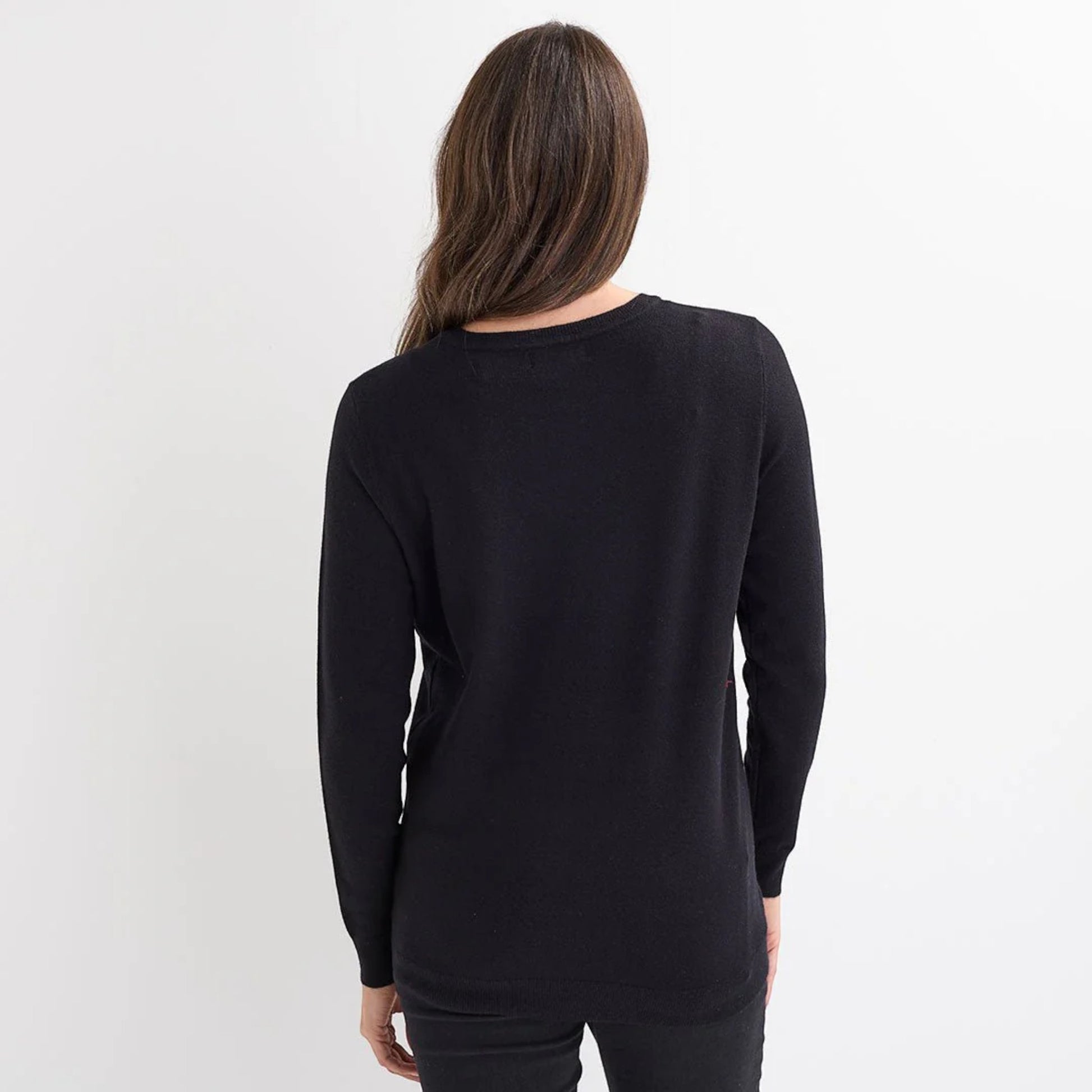 Ladies black christmas jumper with sequin champagne glasses and ‘Cheers!’ slogan, long sleeves and a festive xmas design.