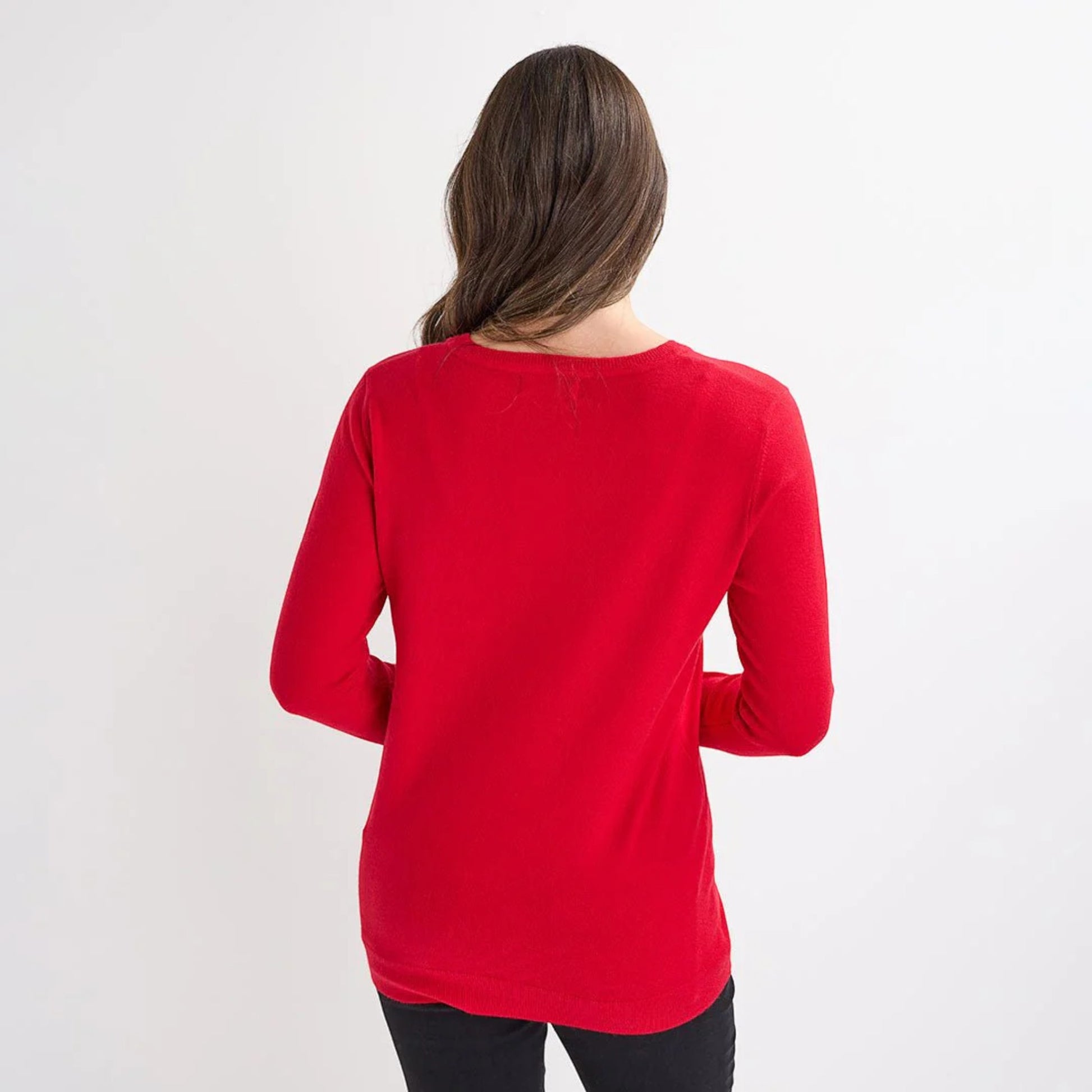 Ladies red christmas jumper with sequin champagne glasses and ‘Cheers!’ slogan, long sleeves and a festive xmas design.