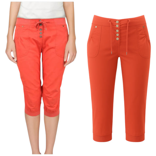 Women's coral red cropped trousers with drawstring waist and side pockets – casual 3/4 length pants