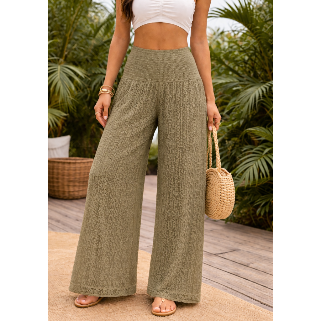 Upgrade your summer wardrobe with our lace wide leg trousers, designed for effortless style and all-day comfort. Featuring a high-waisted smocked waistband and a flowing wide-leg silhouette, these trousers create a flattering, elongating fit perfect for warm-weather dressing.