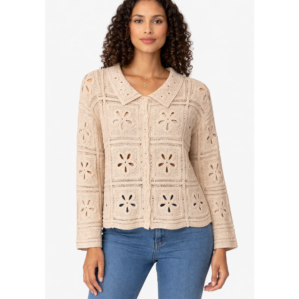 Womens beige crochet lace button blouse collared boho long sleeve summer top