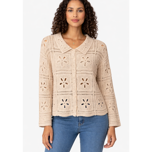Womens beige crochet lace button blouse collared boho long sleeve summer top