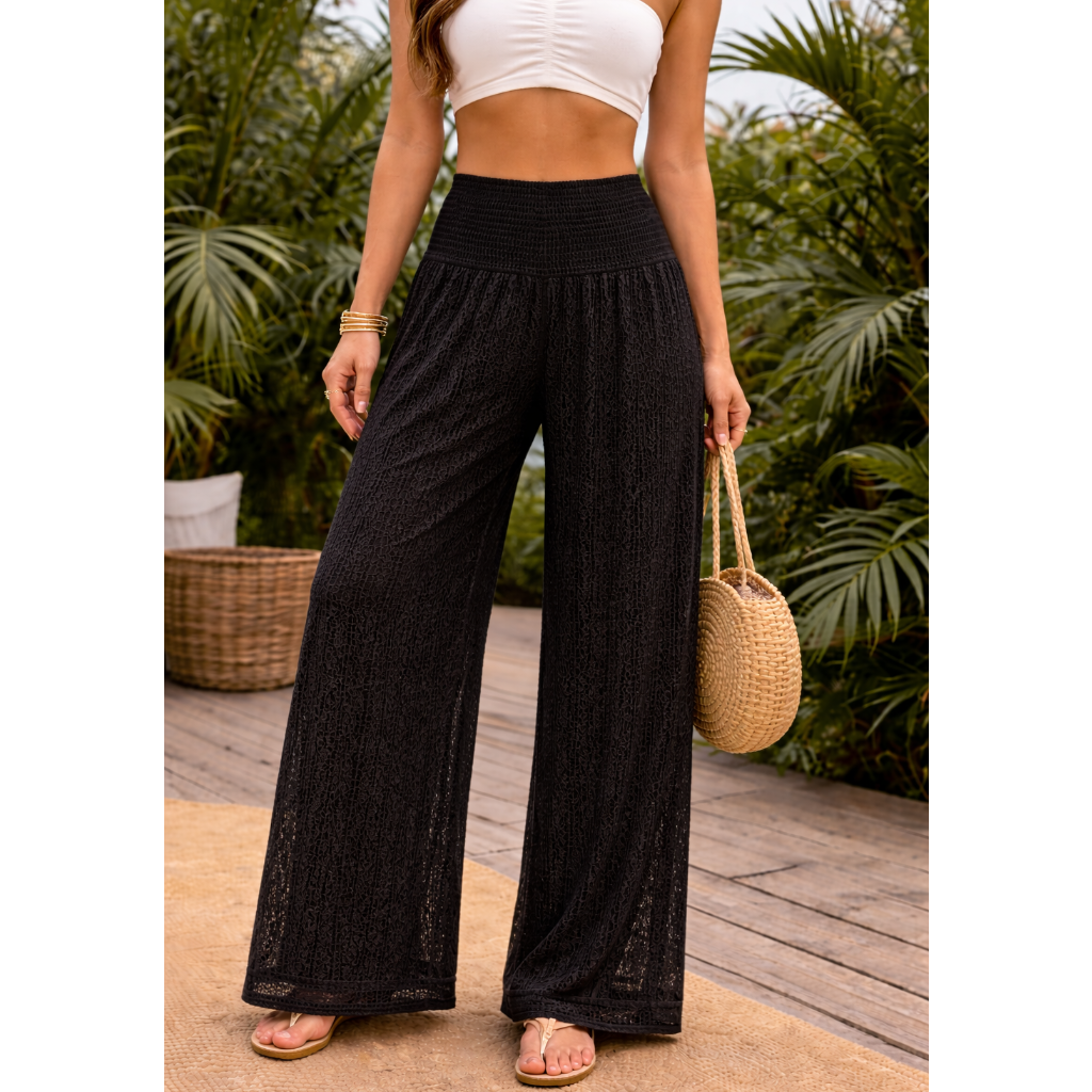 Upgrade your summer wardrobe with our lace wide leg trousers, designed for effortless style and all-day comfort. Featuring a high-waisted smocked waistband and a flowing wide-leg silhouette, these trousers create a flattering, elongating fit perfect for warm-weather dressing.