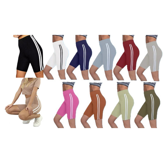 Ladies high-waisted cycling shorts – striped side panel in black, white, pink, navy, grey, green brown and beige