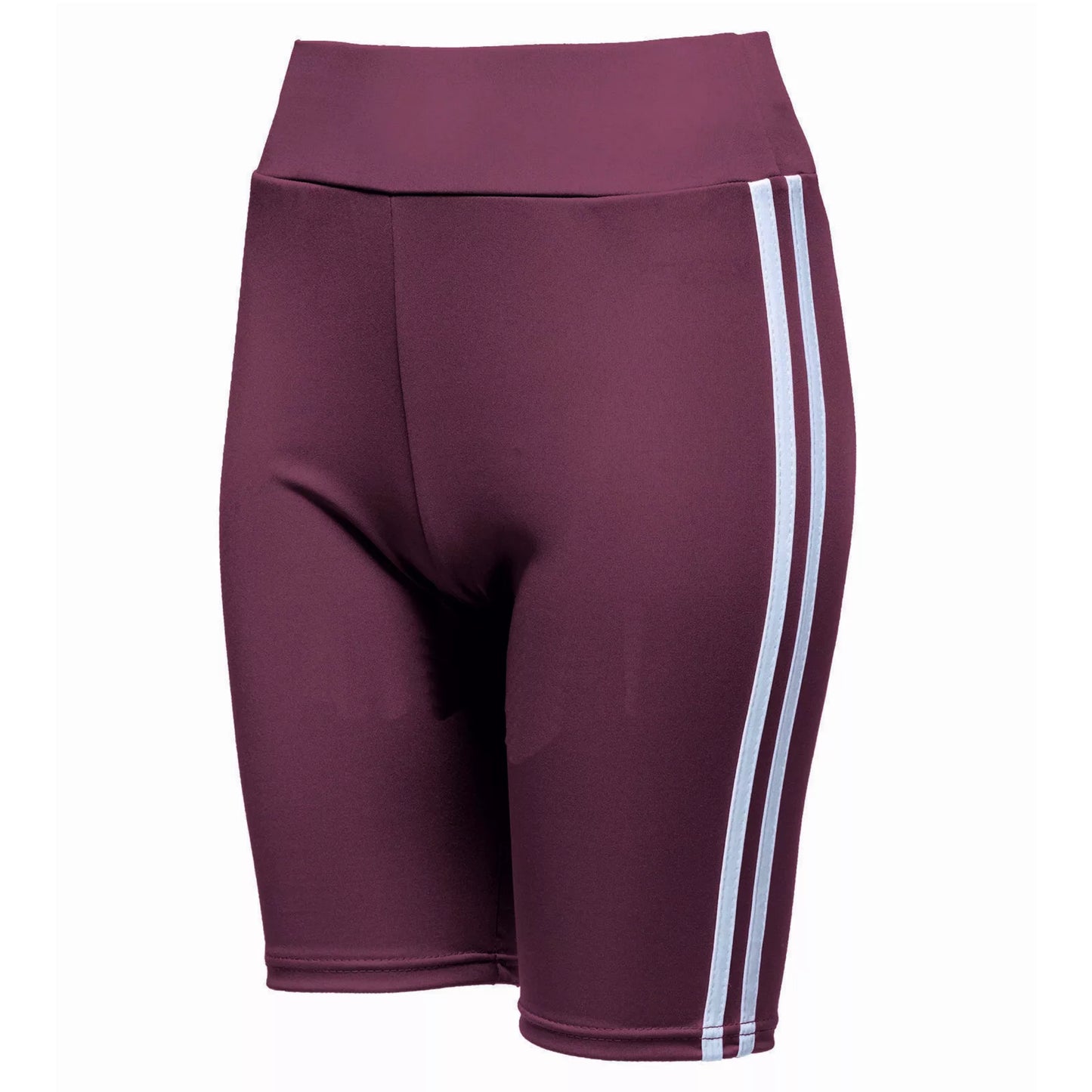 Ladies high-waisted cycling shorts – striped side panel in Purple Plum