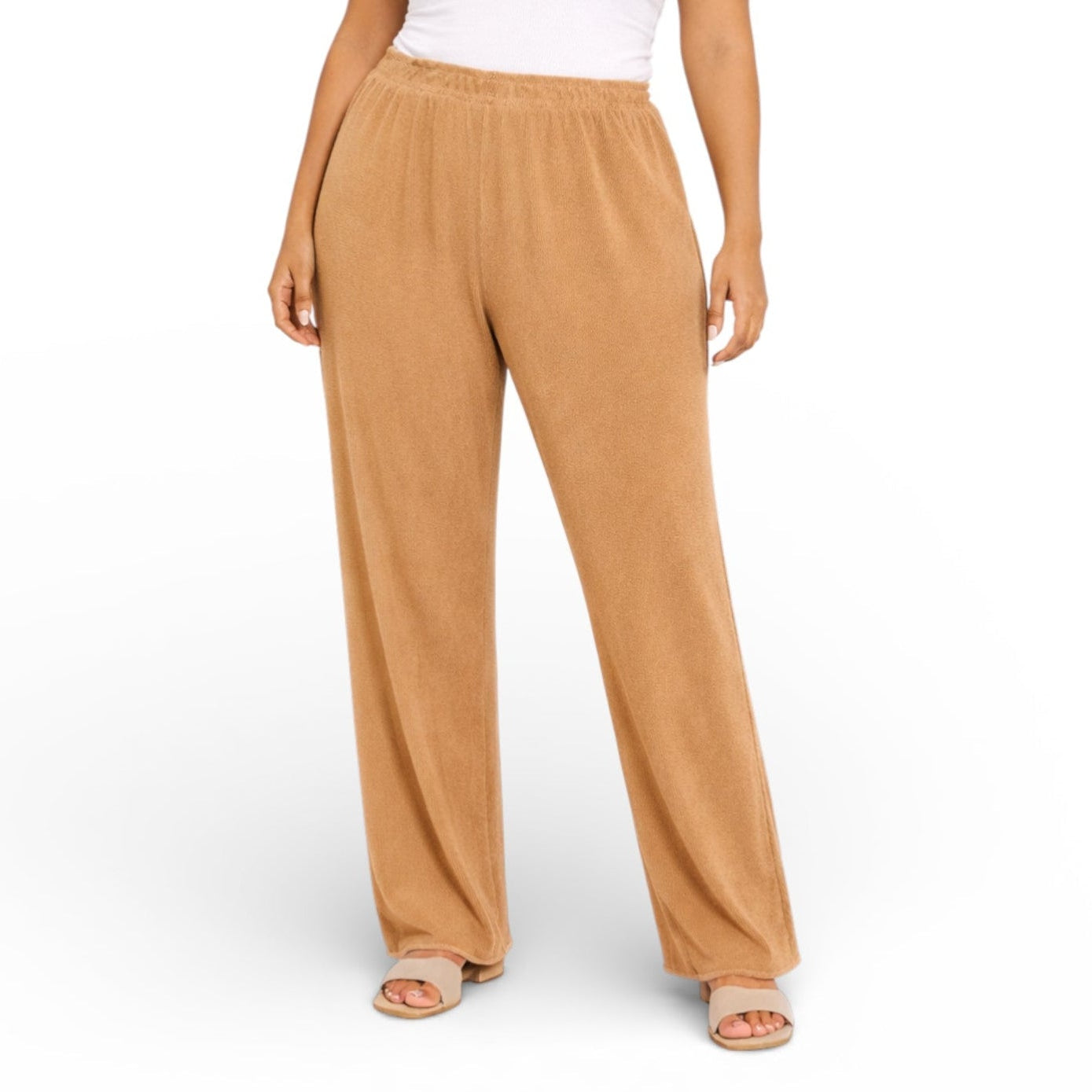 Ladies ribbed wide leg trousers with soft stretch fabric and elasticated waist for casual everyday comfort and lounge wear