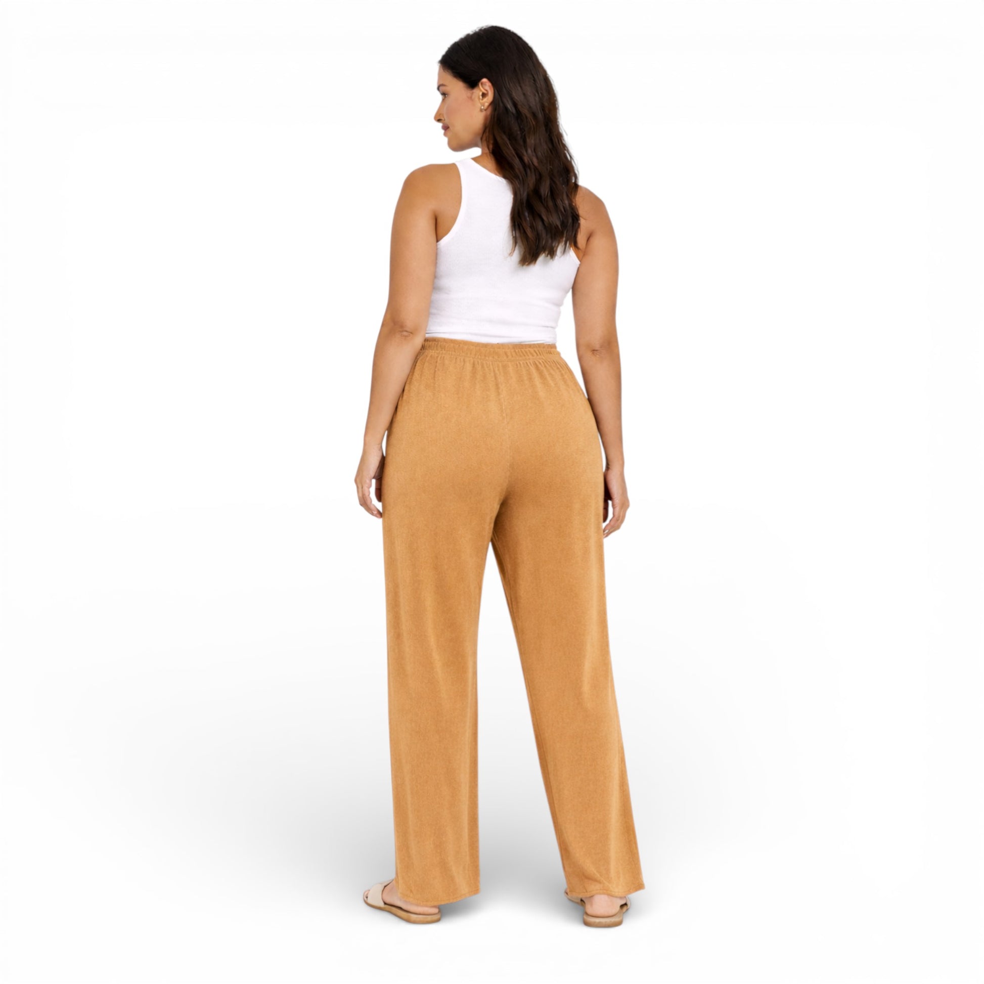 Ladies ribbed wide leg trousers with soft stretch fabric and elasticated waist for casual everyday comfort and lounge wear
