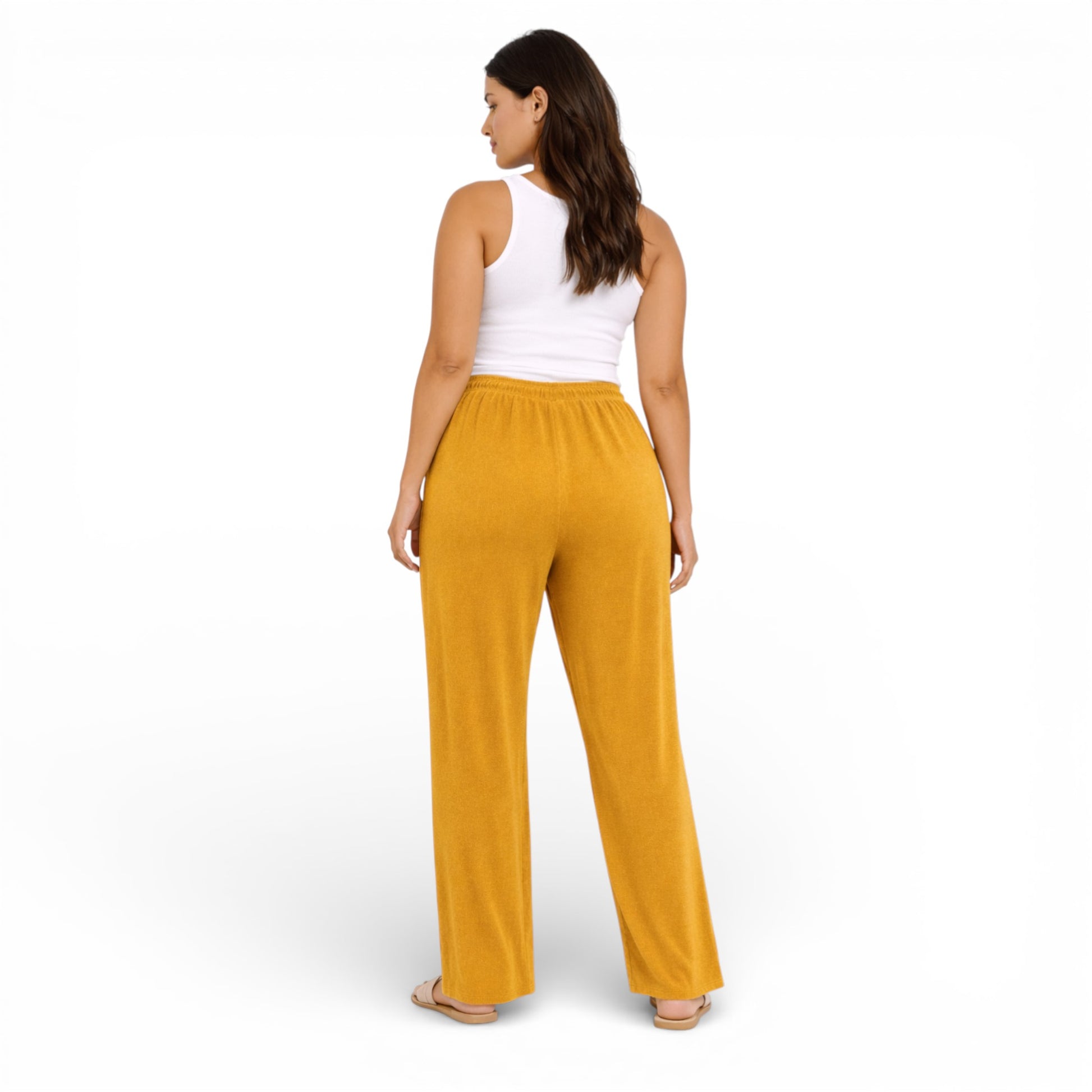Ladies ribbed wide leg trousers with soft stretch fabric and elasticated waist for casual everyday comfort and lounge wear