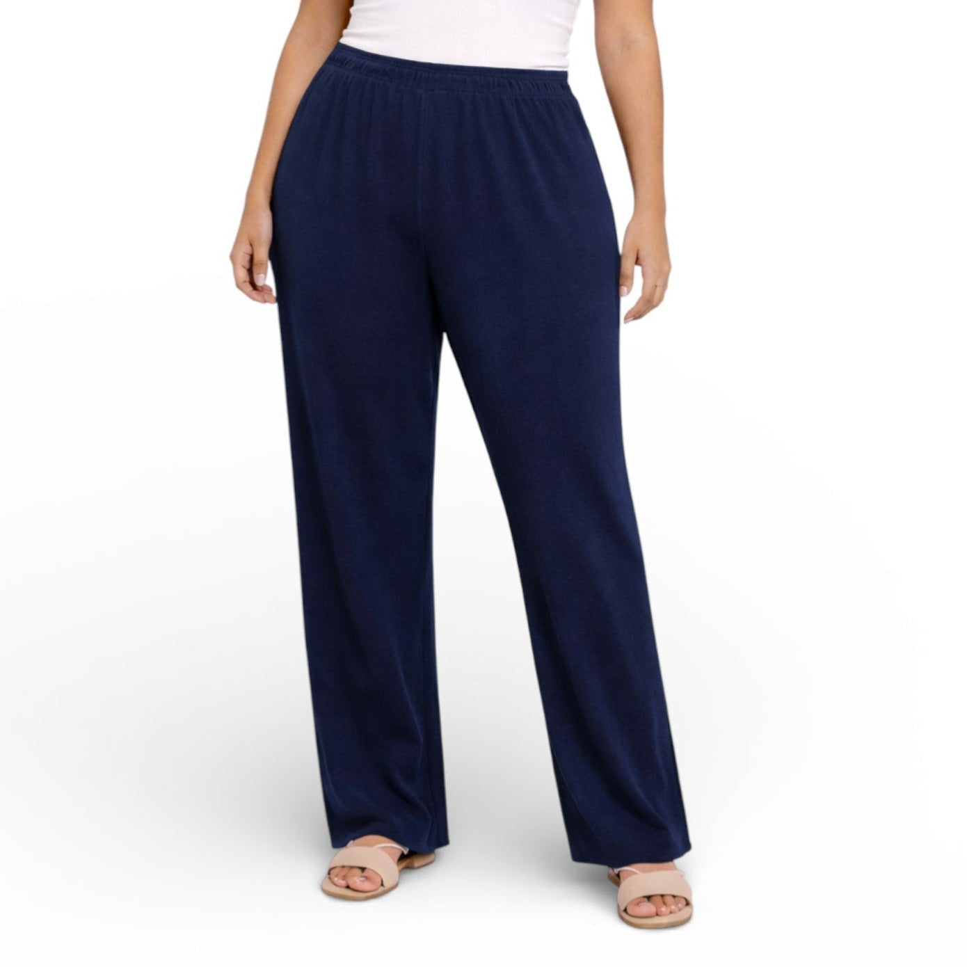 Ladies ribbed wide leg trousers with soft stretch fabric and elasticated waist for casual everyday comfort and lounge wear