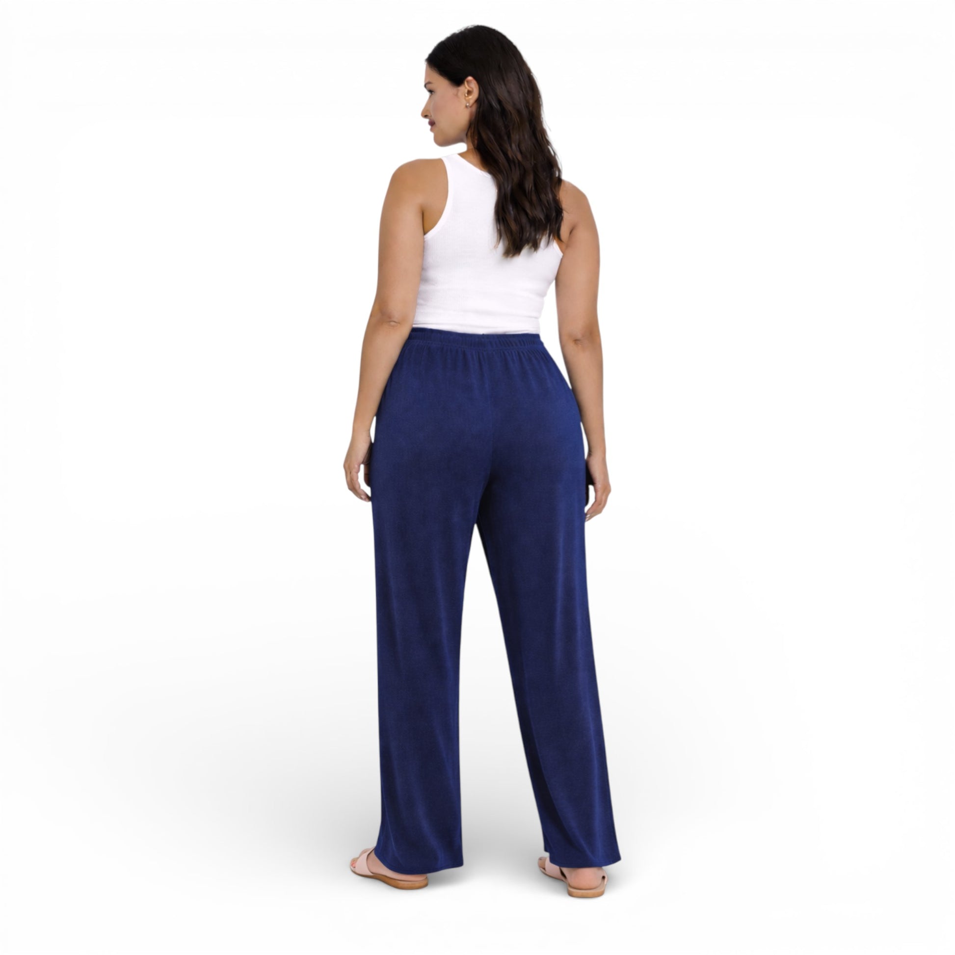 Ladies ribbed wide leg trousers with soft stretch fabric and elasticated waist for casual everyday comfort and lounge wear