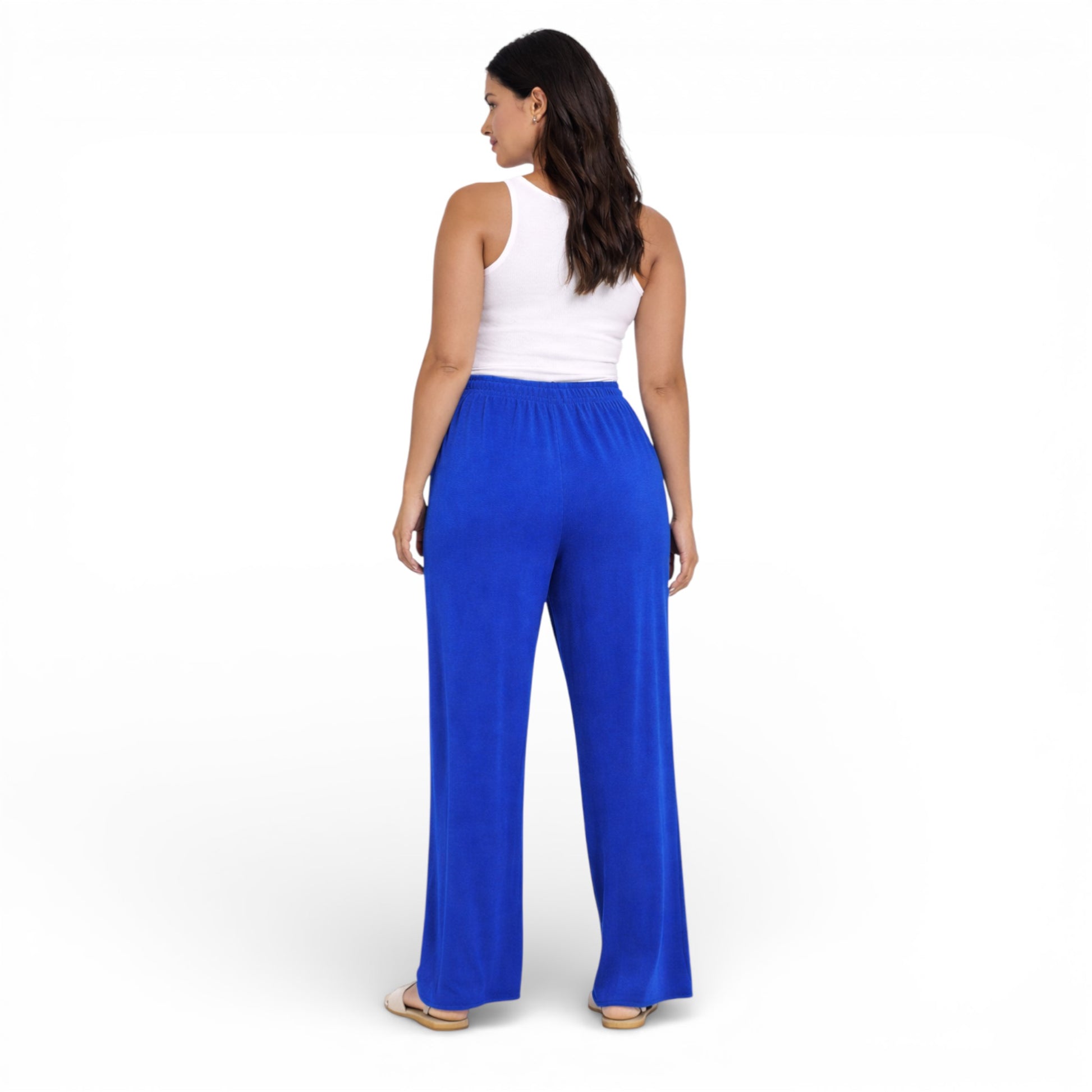 Ladies ribbed wide leg trousers with soft stretch fabric and elasticated waist for casual everyday comfort and lounge wear