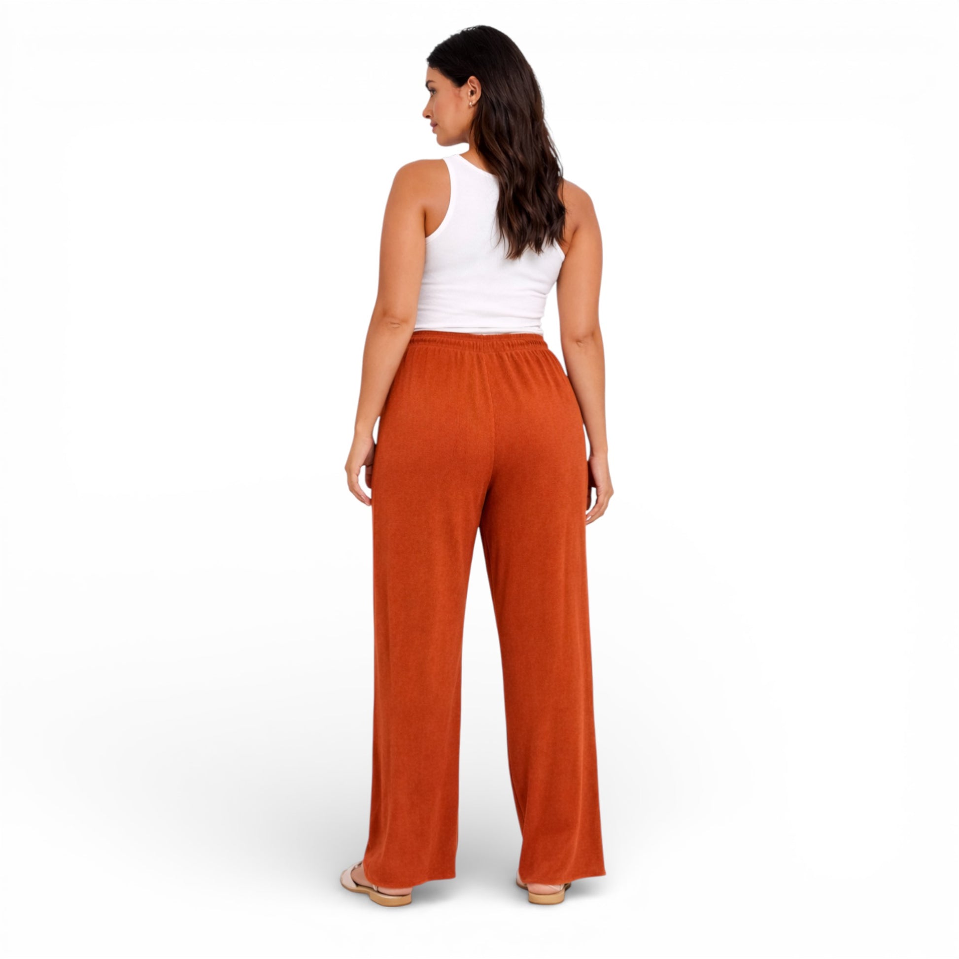 Ladies ribbed wide leg trousers with soft stretch fabric and elasticated waist for casual everyday comfort and lounge wear