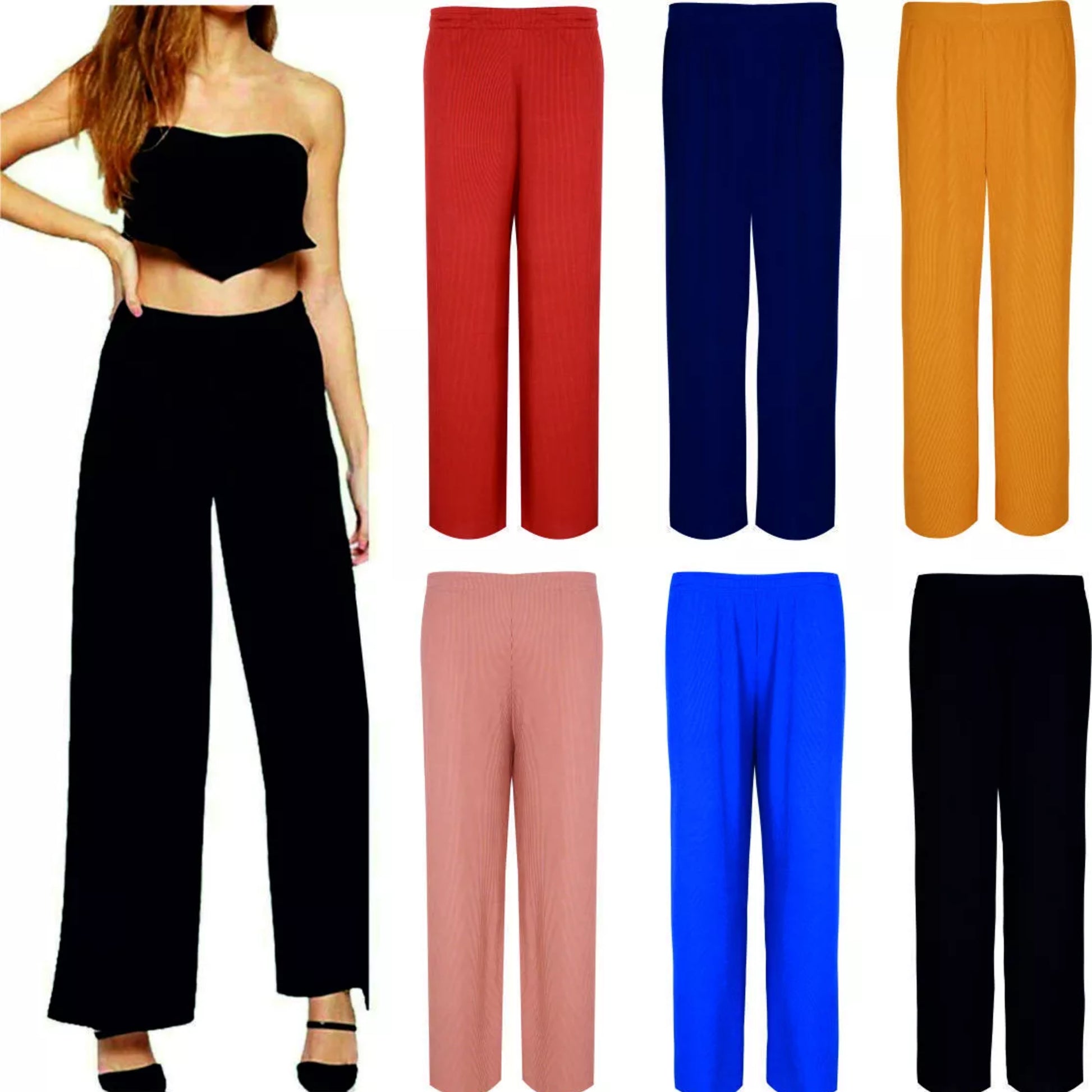 Women’s classic wide leg palazzo trousers in black, red, navy, mustard, blush pink, royal blue – lightweight casual and summer fashion pants.