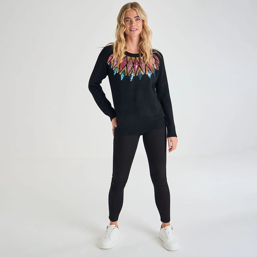 Ladies black jumper with colourful sequin detail around the neckline, long sleeve xmas sweater