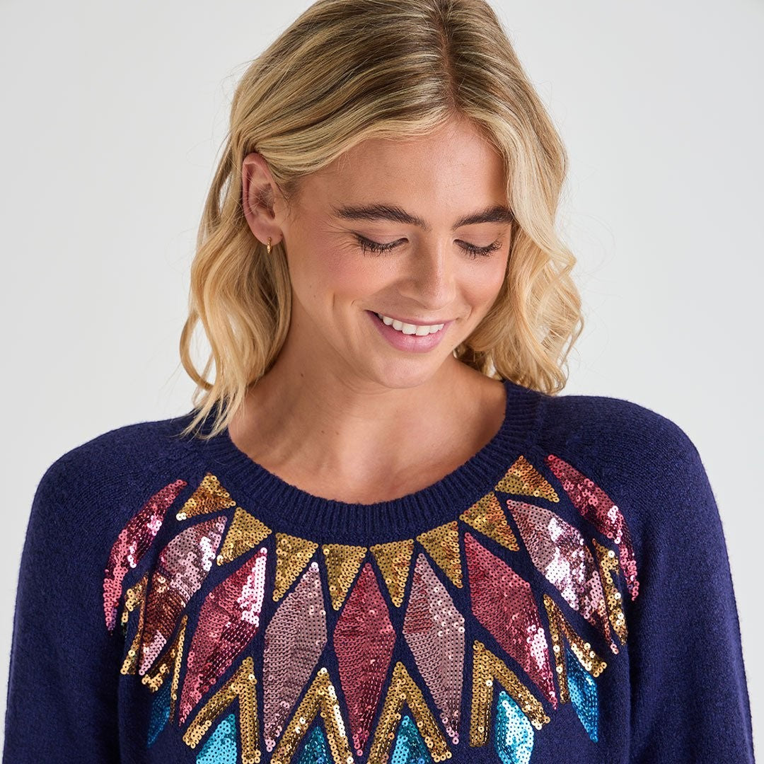 Ladies navy jumper with colourful sequin detail around the neckline, long sleeve xmas sweater